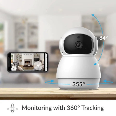Top Tier 1080p AI Indoor Security Camera Featuring Sharp Human And Pet Motion Tracking Pan And Tilt Sweep For Effortless Home Crib Surveillance That Keeps Your Setup Locked Down Tight, with 360-degree movement displayed.