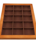 Top Shelf Solid Walnut Wood Jewelry Tray Organizer With Fifteen Grids For Rings Necklaces And Bracelets Compact Vanity Storage Display Plate For Counters, top view of empty tray with grid compartments.