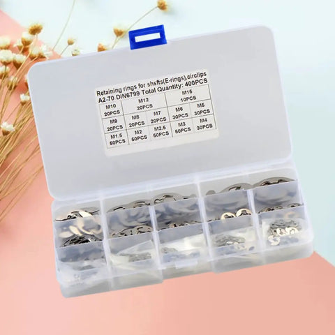External Stainless Steel Retaining Ring Kit 400Pcs M1.5 To M15 E Shaped Snap Rings Set in plastic organizer box