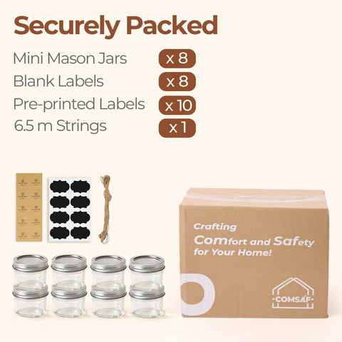 Pretty Dang Awesome Mini Mason Jars 8 Pack Regular Mouth Glass Containers With Tight Screw Top Lids in a secure package with labels and strings.