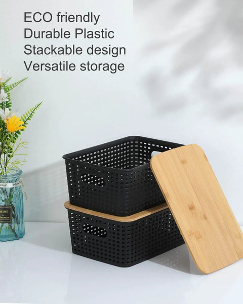 Top Tier Stackable Storage Bins With Bamboo Lids Set Of Six Heavy Duty Bpa Free Plastic Baskets designed for versatile storage.