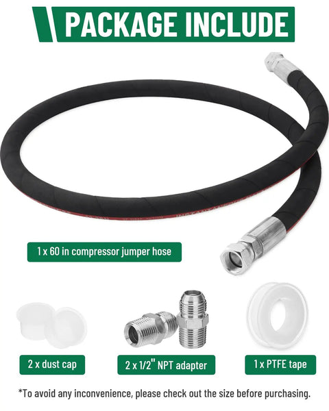 Heavy Duty Air Compressor Jumper Hose Kit With Sixty Inch Length And Half Inch NPT Swivel Ends, package contents