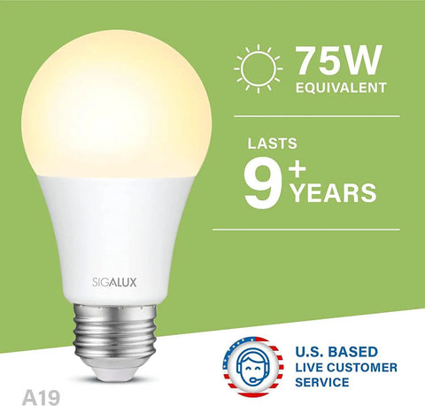 A19 LED Light Bulb Non Dimmable 75 Watt Equivalent 11.5W 1100 Lumens Soft White 2700K E26 Standard UL Listed 6 Pack