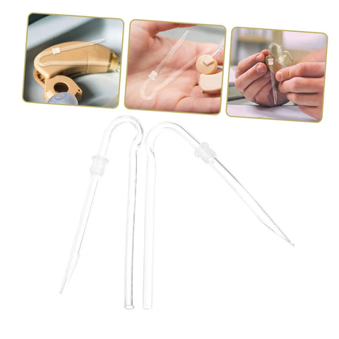 Clear tubing for hearing aids, showcasing two flexible tubes for ear fitting and easy adjustments.