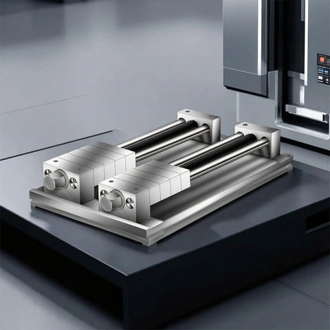 Built Tough Multi Station Machining Vise With Killer Workholding Clamps And Precision Stepped Copper Alloy Plates 300X220X16mm on a workstation.