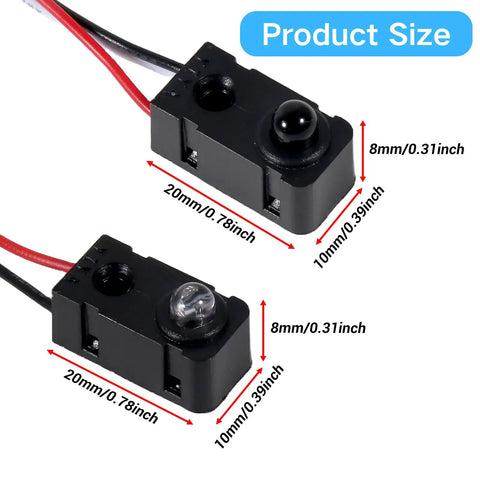 Four Pack IR Break Beam Sensor Kit With Through Beam Photoelectric Switches, 5V NPN Normally Open, sensor dimensions shown