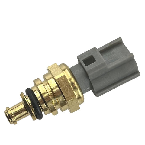 Engine coolant temperature sensor with brass threaded probe and gray plastic connector, side view