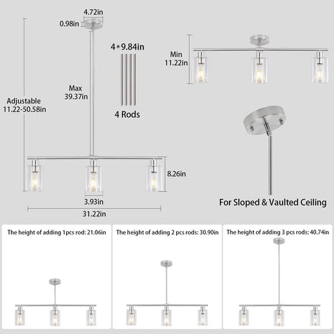Diagram showing dimensions and mounting options of Three Light Kitchen Island Pendant in Brushed Nickel with Glass Shade