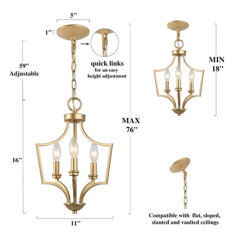 Gold Chandelier Pendant Light For Kitchen Island Dining And Living Room With Matte Gold Finish Mid Century Modern Open Frame Geometric Metal Design Featuring Three Upward Arms For A Dope Everyday Vibe, dimensions detailed.