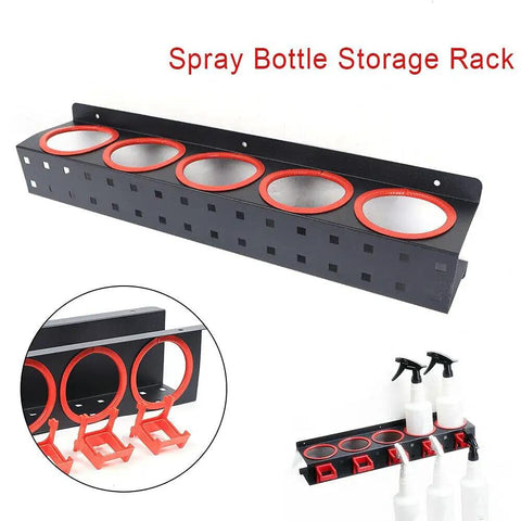 Heavy Duty Wall Mounted Spray Bottle Holder Hella Strong Steel Storage Rack For Garage Cleaning Supplies And Detailing Tools with red accents.