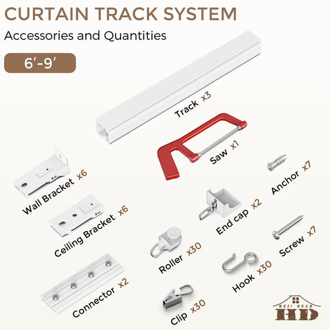 Heavy Duty Ceiling Curtain Track System White 6 To 9 Ft Easy Install Ceiling And Wall Mount Rail With Ultra Quiet Smooth Gliding 3 Ft Sections Each Featuring 10 High Quality Rollers For No Fuss Drapes In Living Room Bedroom Or Home Theater accessories and quantities