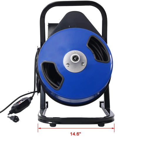 Heavy Duty Electric Drain Snake With Sixty Foot Flex Cable And Foot Switch, blue reel on stand with power cord, size 14.6 inches.