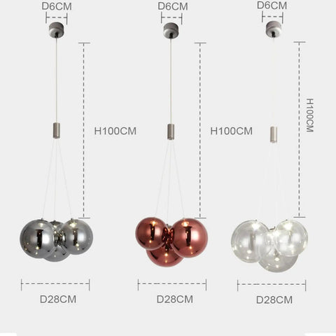 Three Lit Modern LED Glass Ball Pendant Light Fixture, 3 Light Cluster, Chrome Finish, shown in silver, copper, and clear variations.