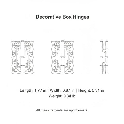 Detailed sketches of 20 Pack Decorative Box Hinges One Point Seventy Seven Inch Bronze Zinc Alloy With Scalloped Edge shown in dimensions.