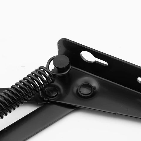 Close-up of heavy-duty black spring hinge for Two Pack 80 Degree Bench Seat Hinge Foldable Lifting Bracket for furniture supports.