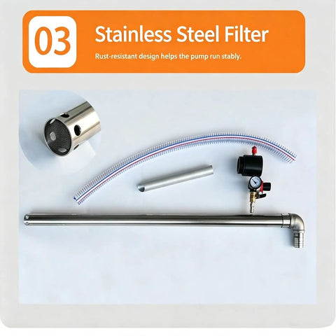 Stainless Steel Filter for Heavy Duty Pneumatic Oil Transfer Pump With Precision Pressure Gauge And Safety Valve For Drum Fluid Handling.