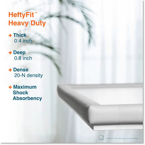 Heavy Duty Baby Proof Corner Protectors With No Fuss Pre Tape, Premium Thick Rubber Foam Edge Guards, Tough Non Toxic Impact Shields For Sharp Desks Tables And Fireplaces, Super Secure Hold 16 Pack corner protection detail with thickness and density information.