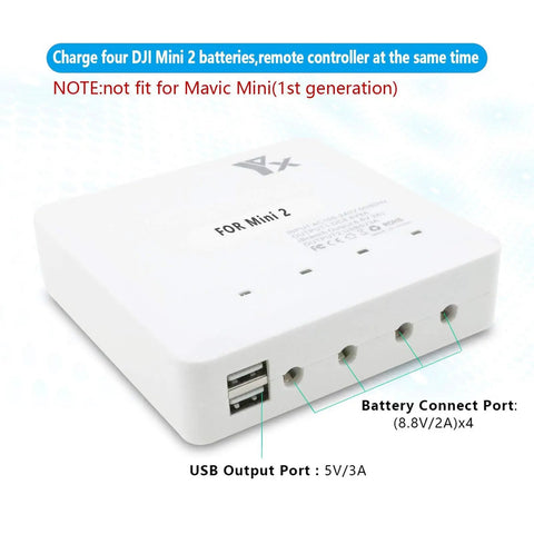 6 In 1 Rapid Multi Charging Hub For DJI Mini 4K Mini 2 And Mini 2 SE Drones showing ports and compatibility details.