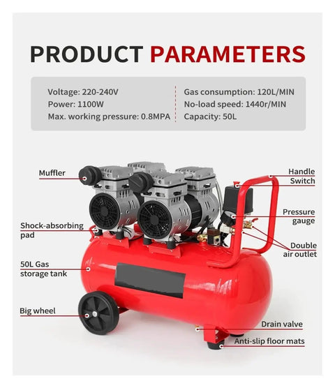 Top Tier PA5564 Silent Air Compressor With 50L Tank Mute Oil Free Electric Piston Industrial Grade features technical parameters.