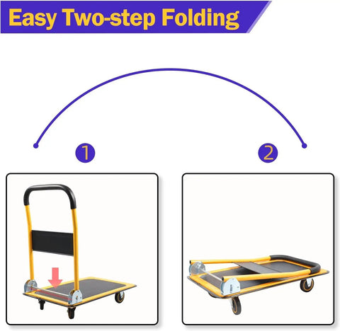 Built Tough 330 Lb Push Cart Dolly With Silent Mute Wheels Plus Compact Foldable Design steps for easy folding demonstration.