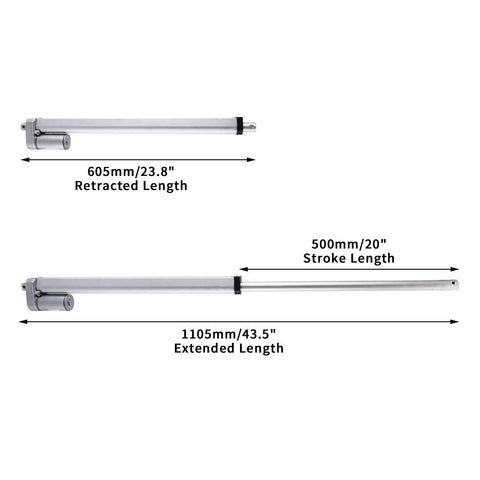 Two-view image of a silver 20in stroke linear actuator with mounting bracket, showing retracted 23.8in and extended 43.5in.