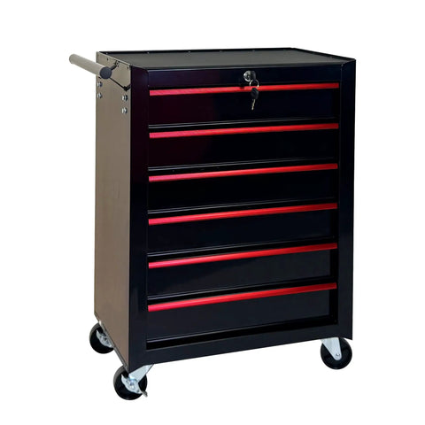 Heavy Duty Rollin Tool Chest With Six Slick Ball Bearing Glides And Scratch Proof Steel Worktop Featuring Locked Swivel Casters For Easy Shop Or Job Site Haulin In Tough Black Powder Coat side view with drawers and key lock