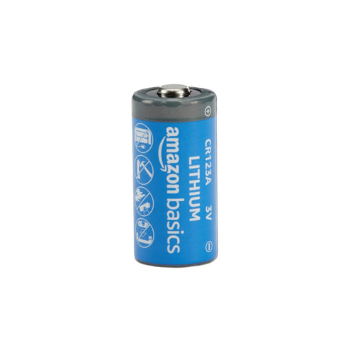 6 Pack Cr123a Lithium Batteries 3 Volt Non Rechargeable Cells With A Decade Long Leak Free Shelf Life Straight Up Ready For Flashlights Night Vision And Emergency Kits Now, single CR123A battery with blue label.