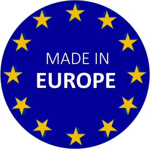 Circular badge with blue background and yellow stars, text 'MADE IN EUROPE' prominently displayed.