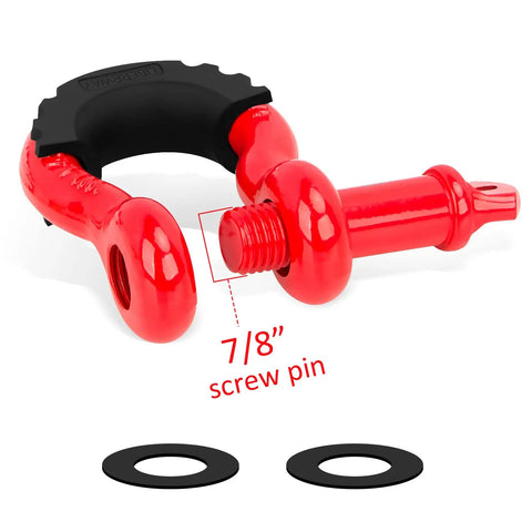 Close-up of red 3/4 Inch D Ring Shackles 2 Pack Heavy Duty Tow Recovery Shackle with 7/8 Inch Screw Pin 9,500 Lbs Break Strength.