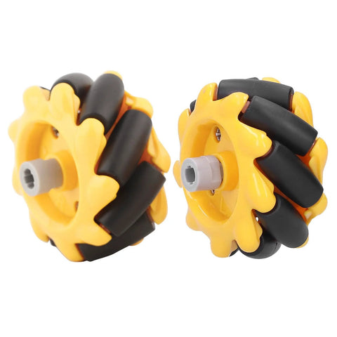 48mm Mecanum Wheel for DIY Robotics, rubber-coated wheels for robotic projects and smart cars in yellow and black ABS material.