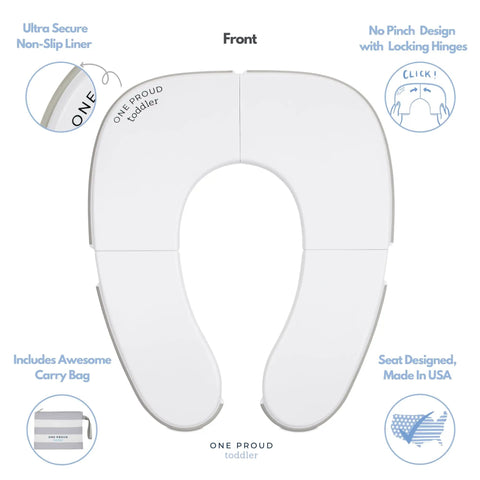 Foldable Travel Potty Seat For Toddlers, front view showing non-slip liner and locking hinges, designed for comfort and safety.