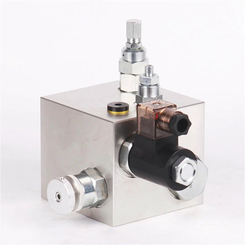 Rock Solid H008 Hydraulic Manifold Block with Heavy Duty Lifting Solenoid Valve, metal construction, used for hydraulic systems.