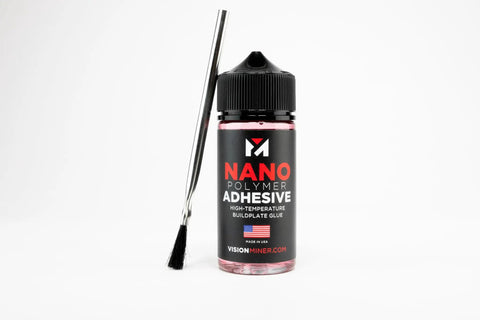 Nano Polymer Adhesive For 3D Printing Bed And Build Plate Adhesion No Mess Non Toxic Easy Apply Clean Works With PLA ABS PETG Nylon PC PEI PEEK And More 50ml bottle with brush on white background