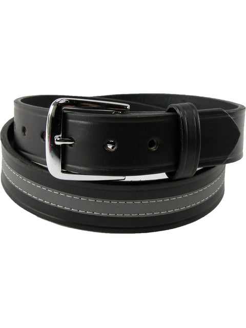 Leather Work Belt With Reflective Safety Stripe 1.5 Inch Wide In Black, Removable Silver Buckle, Made In USA displayed on white background