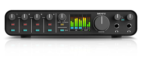 Front view of USB-C 6x4 Audio Interface With Pro-Grade Studio-Quality Sound And ESS Sabre32 DAC, 120 dB Dynamic Range, multiple knobs and meters.