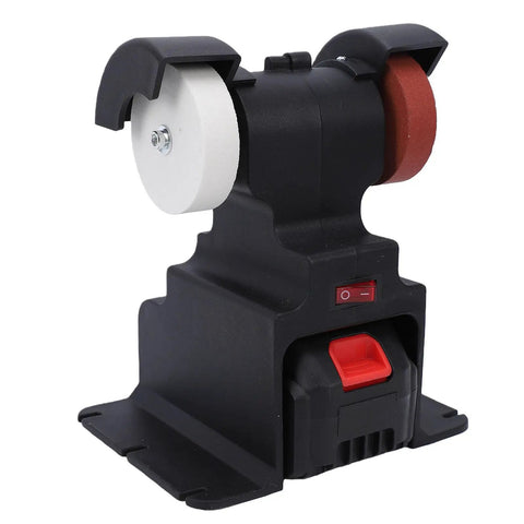 Walfront 18 Volt Cordless Mini Bench Grinder with 200 Watt Power and 7000 Rpm Speed, featuring dual grit wheels in a compact design.