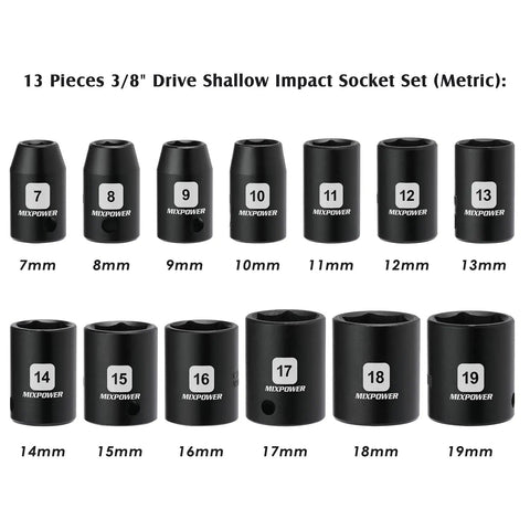 13 Piece 3/8 Inch Drive Shallow Impact Socket Set Includes 7mm To 19mm Metric 6 Point CR-V Steel High Torque Radius Corner Sockets Drop Forged Black Phosphate Finish For Heavy Duty Auto Repairs arranged in a row