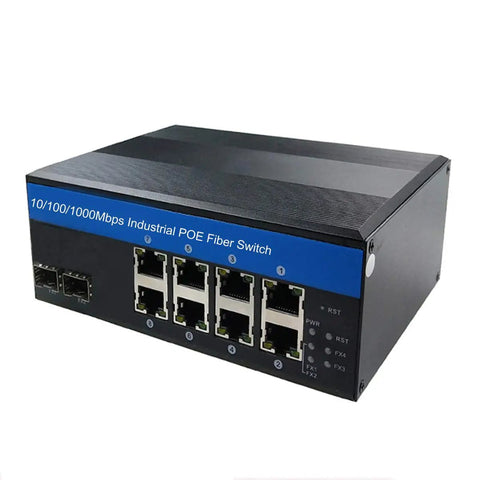 Industrial Switch 8-Port Gigabit Ethernet With PoE 240W Total, 2 SFP Ports, front view showcasing ports and rugged design.