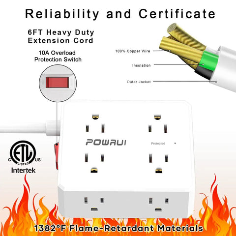 Smooth Operator Eight Outlet Power Strip With Six Foot Flat Plug Extension Cord Delivering Easy Reach Jacks And Four High Speed Usb Ports for surge protection and overload switch.