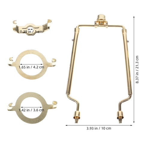 Adjustable Lampshade Harp Holder Kit With Lampshade Bracket And Hardware, golden finish with dimensions for table lamps.