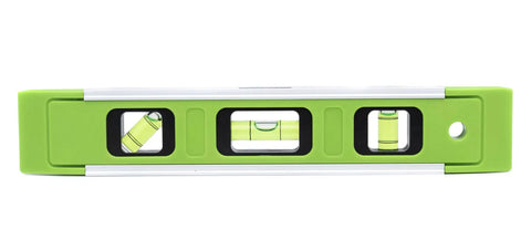 Compact 9 Inch Magnetic Torpedo Level Featuring Rock Solid Grip And Three High Visibility Spirit Vials For Dead On Precision At 45 90 And 180 Degree Angles Built For Hustle, showing vials.
