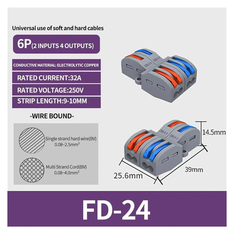 Heavy Duty Screwless Wire Connectors No Sweat Quick Splice Block with 6P terminals for auto and home wiring, 250V rated.