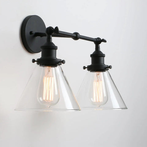 Two Light Industrial Wall Sconce In Antique Black With 7.3 Inch Cone Clear Glass Shade 180 Degree Adjustable E26 Base