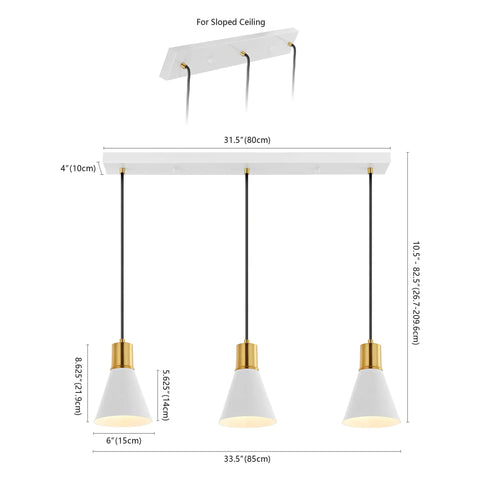 Dimensions diagram of Mid Century Modern Iron LED Pendant Light With Sleek Black Metal Shade for kitchen island and hallway.
