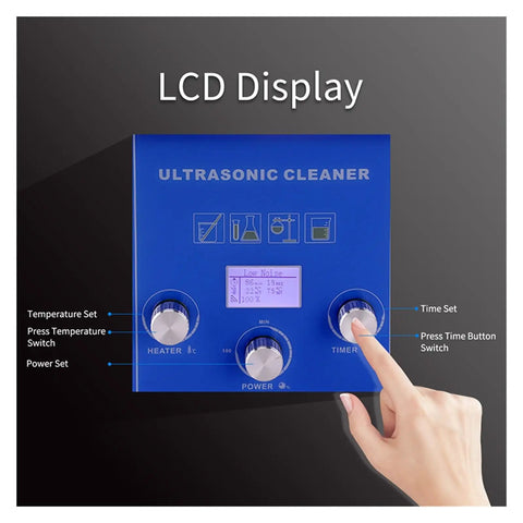 LCD display interface of 10L Ultrasonic Cleaner Bath With Heat And Degas Features for precise cleaning control.