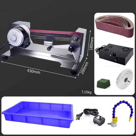 Knockout 600W Electric Knife Sharpener With Water Cooled Belt Sander And Variable Speed Wet Dry Grinder Featuring Polishing Wheel, showing motor, sanding belt, and accessories.