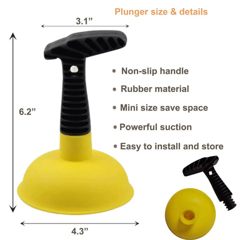 Compact Mini Sink Drain Plunger With Short Handle And Heavy Duty Rubber Cup showing dimensions and ergonomic design for effective suction.