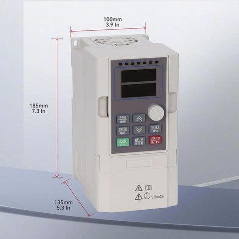 Beefed-Up 220V 4kW VFD Inverter for Spindle CNC Speed Control, dimensions labeled, front view