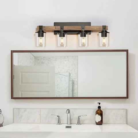 Farmhouse Vanity Light Fixture With Industrial Wood Wall Sconce And 4 Light Clear Glass Shades For Bathroom Hallway Kitchen Bedroom Antique Wood Finish Modern Rustic Home Decor above sink mirror