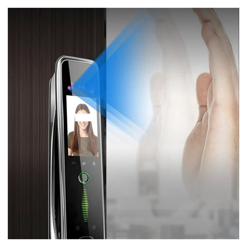 Top Shelf Smart Electronic Door Lock With 3D Face Recognition And Palm Vein Access, biometric scan in action with front panel display.
